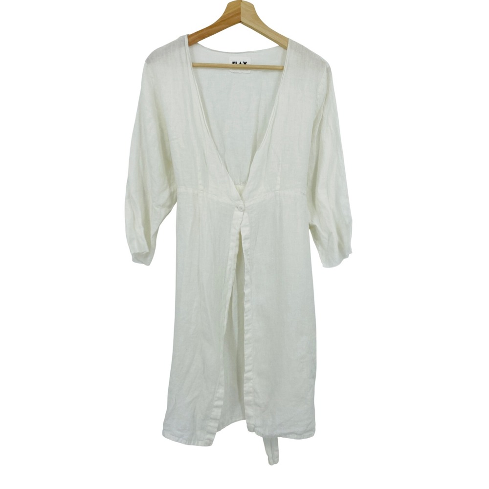 FLAX Linen Tunic Cardigan Women Small White Long Sleeve V-Neck Tie Back
